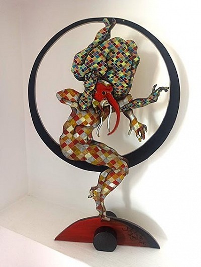 sculpture, peinture à l'huile, acrobates, équilibre, deux arlequins