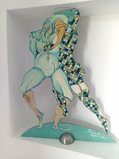 sculpture, peinture à l'huile, bleu, arlequin, danse, amour